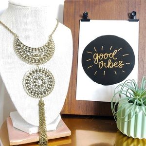 Large medallion tassel gold bronze necklace